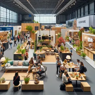 Stands du salon au Parc Expo de Rennes avec visiteurs découvrant divers univers, allant de la gastronomie à l'artisanat et à l'innovation, dans une ambiance conviviale et lumineuse.