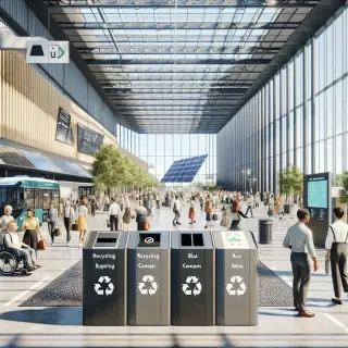 Sustainable convention center interior with clear recycling bins, ramps for accessibility, people of diverse abilities, solar panels outside, and digital kiosks for ticketing.
