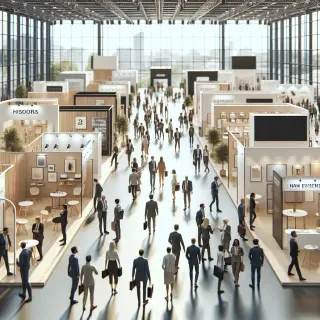 Un grand salon professionnel moderne avec de nombreux stands, des visiteurs et exposants discutant calmement dans un vaste hall lumineux.