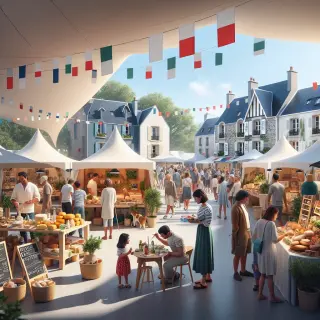 Village des saveurs à la Foire de Rennes avec stands de produits bretons, démonstration culinaire, espace habitat écologique, ateliers loisirs et enfants participant à des activités familiales.