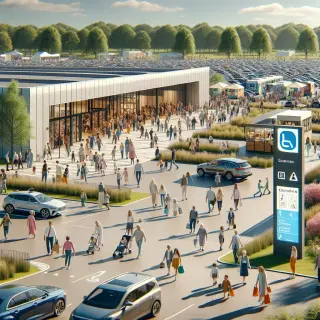 Visitors arriving at the Parc Expo Rennes Aéroport, walking near the entrance with visible food trucks and parked cars, all under a bright spring sky.