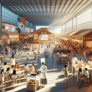 Visitors enjoy culinary demonstrations, live performances, and family activities in a well-lit, lively fair exhibition hall.