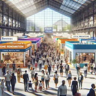 Visitors exploring a bright, crowded exhibition hall with various stands at the Foire de Rennes, families and professionals talking with vendors, showcasing home and lifestyle innovations.