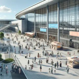 Visitors, including families, arrive and gather outside the Parc Expo de Rennes Aéroport under clear daylight, with food stalls visible and a welcoming crowd.