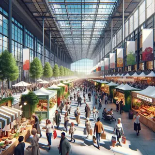 Visitors of all ages walking and browsing stands at a busy indoor trade fair, with daylight streaming through large windows and colorful banners decorating the space.