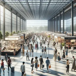 Visitors walking among booths at a spacious, well-lit exhibition center with modern decor and natural daylight