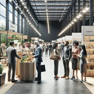 Vue réaliste d’un salon avec stands de produits bios et innovations pour la maison, visiteurs échangeant avec des exposants, ambiance conviviale et professionnelle.