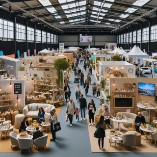 Vue réaliste d’une allée principale d’une grande foire avec différents stands dédiés à l’habitat, la gastronomie locale, l’automobile, le bien-être et une animation musicale, visiteurs discutant et dégustant.