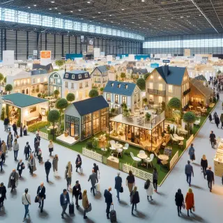Vue réaliste d'une foire animée au parc des expositions de Rennes, avec des stands variés et de nombreux visiteurs dans une grande salle lumineuse.