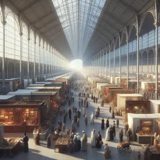 Vue réaliste d'une foire animée à l'intérieur du Parc Expo de Rennes, avec des stands variés, des exposants et des visiteurs sous une lumière naturelle.