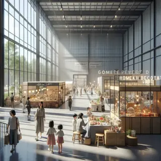 Vue réaliste d’une foire intérieure avec différents stands d’artisanat, gastronomie, habitat, et un espace enfants avec atelier créatif, décor lumineux et moderne.