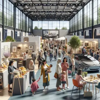 Vue réaliste à la Foire de Rennes avec stands d’habitat, produits du terroir, voitures électriques et familles participant à des animations.